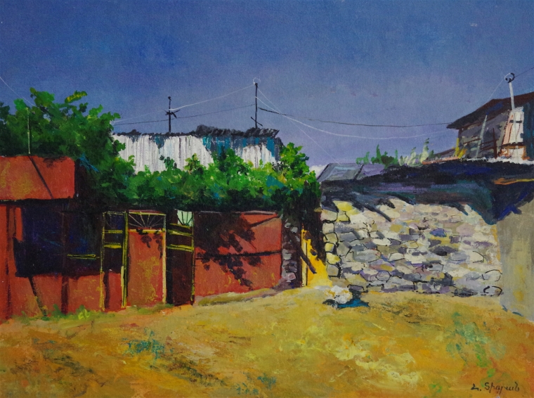 Village Yard, Landscape oil Painting, Handmade art, Signed, 